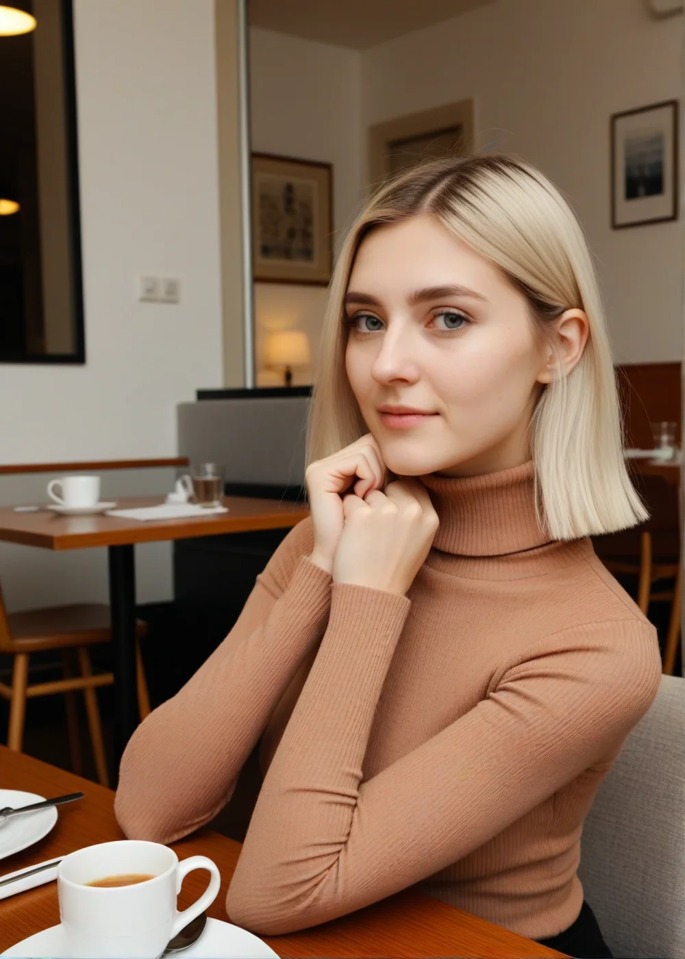 photo of eva-elfie, standing, portrait, Sitting at a restaurant table, turtleneck sweater, head tight, skin detailed, blonde hair, medium hair <lora:evaXL2:1>