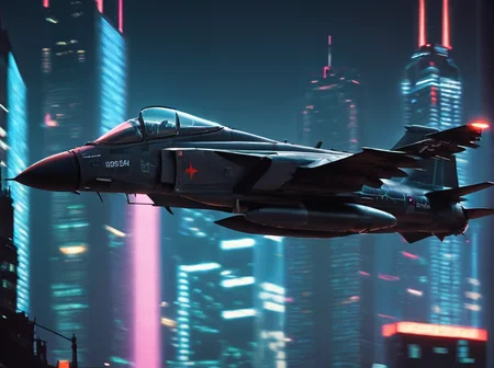 masterpiece, best quality,
<lora:gits_style:0.6>,
gits95,
, no humans, aircraft, vehicle focus, military, airplane, military vehicle, flying, jet, building, fighter jet,side view,in air,city backround,retro theme,cyberpunk style,dark aesthetic,night,neon glow,