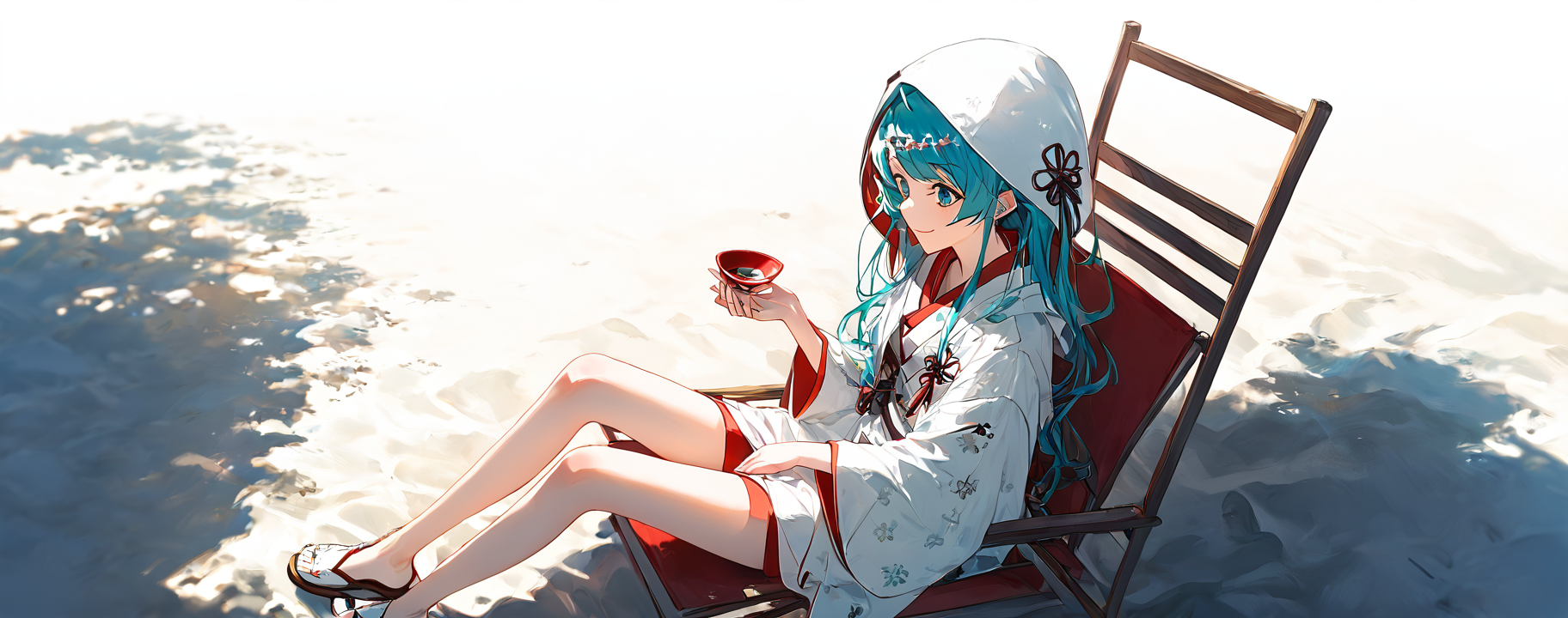 score_9,score_8_up,score_7_up,,source_anime BREAK, 1girl, solo,, s1_dram, from above, on beach chair, , , SHM13, hatsune miku, 1girl, wataboushi, uchikake, yuki miku, japanese clothes, solo, kimono, hood, sakazuki, long hair, cup, smile, aqua hair, sake, white background<lora:S1_Dramatic_Lighting_v2:0.8>,<lora:éªãã¯13:1>