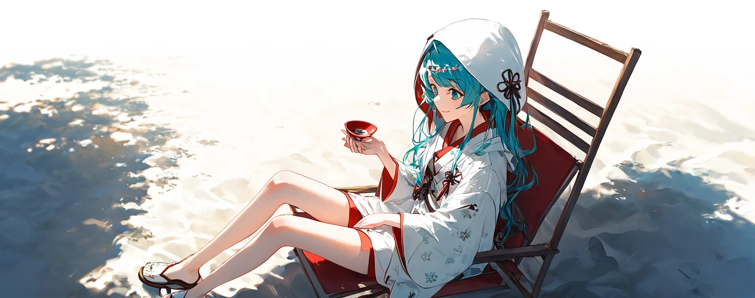 score_9,score_8_up,score_7_up,,source_anime BREAK, 1girl, solo,, s1_dram, from above, on beach chair, , , SHM13, hatsune miku, 1girl, wataboushi, uchikake, yuki miku, japanese clothes, solo, kimono, hood, sakazuki, long hair, cup, smile, aqua hair, sake, white background<lora:S1_Dramatic_Lighting_v2:0.8>,<lora:éªãã¯13:1>