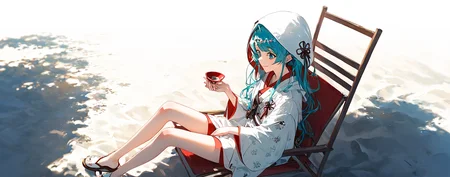 score_9,score_8_up,score_7_up,,source_anime BREAK, 1girl, solo,, s1_dram, from above, on beach chair, , , SHM13, hatsune miku, 1girl, wataboushi, uchikake, yuki miku, japanese clothes, solo, kimono, hood, sakazuki, long hair, cup, smile, aqua hair, sake, white background<lora:S1_Dramatic_Lighting_v2:0.8>,<lora:éªãã¯13:1>