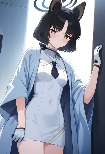 game cg, 1girl, solo, operator uniform, kikyou \(blue archive\), animal ears, blue haori, halo, closed mouth, neckerchief, white dress, short necktie, half gloves, looking at viewer, <lora:utnapishtim_operator_ag3.1:0.7>