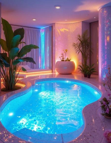 A photo of a pool inside a villa. surreal photo, glitter, mesmerizing, iridescent