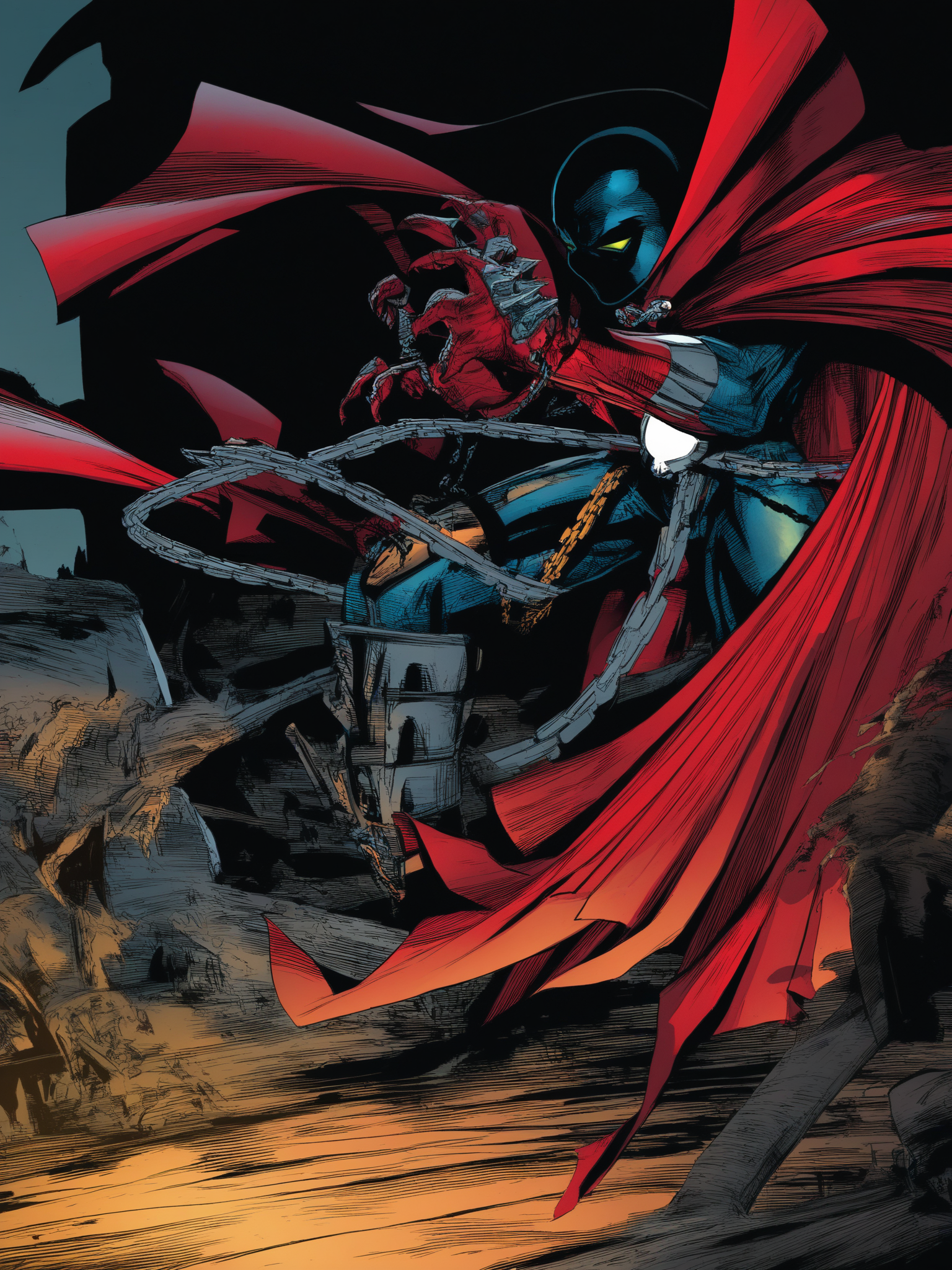 masterpiece, best quality, best score, absurdres, best anatomy, 
 <lora:[Todd McFarlane (associated Artists of Image Comics)] Spawn Art Style Issues 1-10 IllustriousXL:1>,western comics (style), superhero, red cape,weapon, battle, chain, green eyes, animification, claws, science fiction