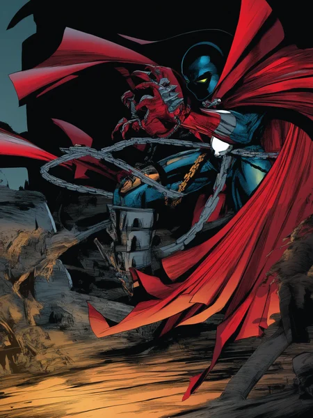 masterpiece, best quality, best score, absurdres, best anatomy, 
 <lora:[Todd McFarlane (associated Artists of Image Comics)] Spawn Art Style Issues 1-10 IllustriousXL:1>,western comics (style), superhero, red cape,weapon, battle, chain, green eyes, animification, claws, science fiction