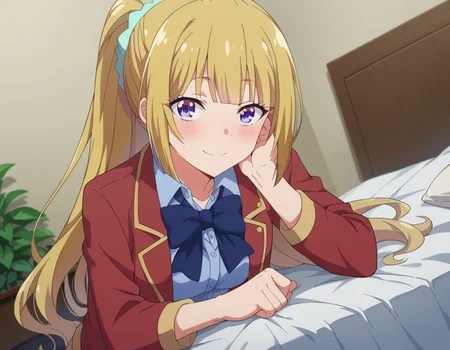 score_9, score_8_up, score_7_up, source_anime,
keikaruizawa, <lora:kei-karuizawa-anime-s2-ponyxl-lora-nochekaiser:1>,
kei karuizawa, long hair, bangs, blunt bangs, purple eyes, blonde hair, shirt, hair ornament, ponytail, scrunchie, blue scrunchie, smile,
skirt, shirt, bow, school uniform, jacket, red jacket, pleated skirt, bowtie, sweater, blue bow, blue shirt,
indoors, bed, bed room, on side, blush, drunk,
looking at viewer, cowboy shot, dutch angle,