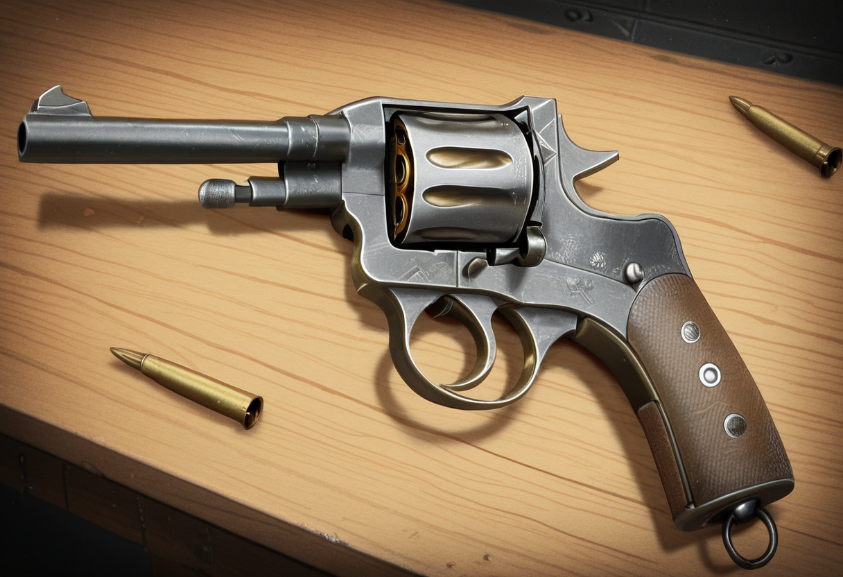 Graphic Design, color art, vibrant colors, colorful, intricate details, high contrast, detailed background, beautiful detailed, beautiful face, detailed eyes, detailed face, newest, new, n4g4n, gun, weapon, revolver,  no humans, still life, table, gun focus, bullets,