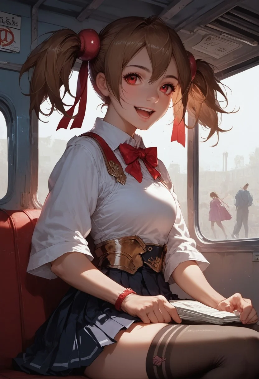 score_9, score_8_up, score_7_up, 1girl, silica, solo, skirt, brown hair, open mouth, red eyes, thighhighs, breastplate, twintails, white background, black skirt, pleated skirt, armor, smile, ribbon, bus station, bus stop, public place nighttime vibrant lighting, street lights, high contrast, dramatic shadows, highly detailed, detailed skin, depth of field, tilted angle, moody lighting, exy pose,professional lighting, perfect quality, high quality, photorealistic, sitting, (((supermodel))),((goddess))