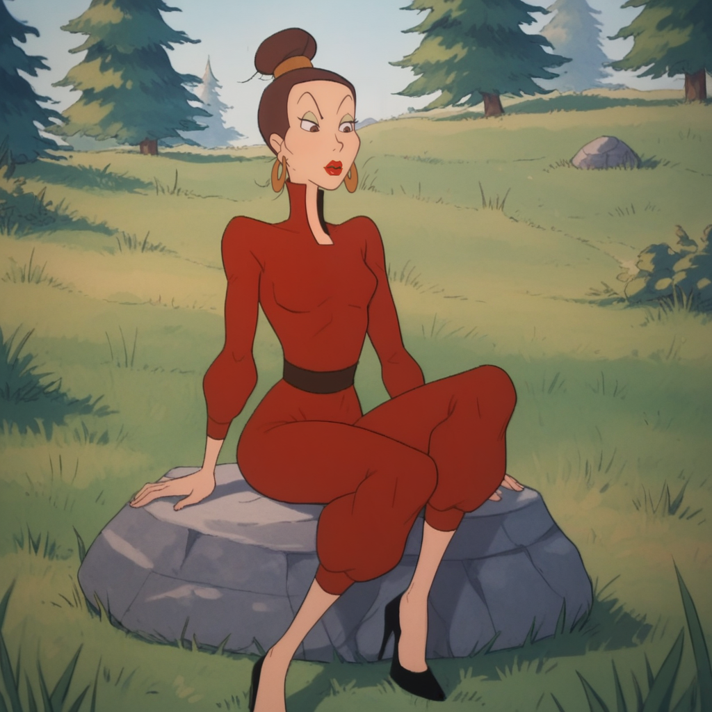 score_9_up, score_8_up, BREAK, Emma, 1girl, solo, brown hair, hair bun, brown eyes, lipstick, hoop earrings, red jumpsuit, black heels, sitting on rock, <lora:Emma_StopTheSmoggies_PXL_Leaf1:1>, outdoors, closed mouth,