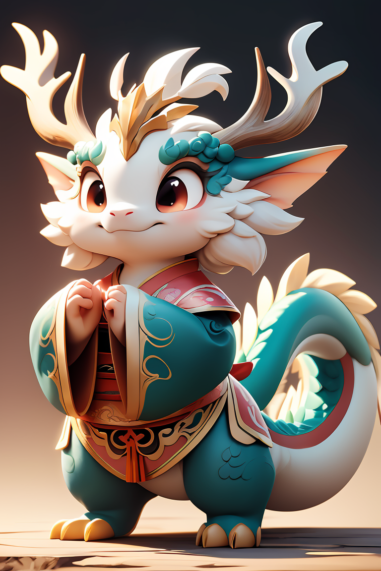 chibi, masterpiece, best quality, original, official art,full body,A cute Chinese dragon, antlers, two hands,Pink dragon scales, standing, anthropomorphic,   beautiful light, surreal,blurred background,,<lora:GoodHands-beta2:1>, cartoon rendering,bright light,