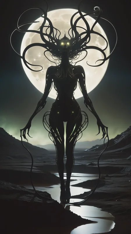In a desolate, moonlit landscape, a lone figure emerges, their silhouette contorted and grotesque against the eerie glow. Closer inspection reveals a fusion of organic and mechanical elementsâsinister tendrils of pulsating flesh intertwining with cold, metallic structures. The figure's skin appears as if it's unraveling, revealing glimpses of something otherworldly beneath. The air is thick with an otherworldly hum, and a sickly, iridescent light emanates from the aberrant fusion. This image prompt invites exploration into the realm of body horror, prompting creative minds to unravel the unsettling narrative within this grotesque tableau