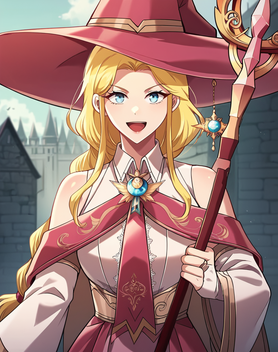 arua_stgb, blonde hair, long hair, blue eyes, braid, braided ponytail, hat, witch outfit, pink witch hat, brooch, pink necktie, white shirt, collared shirt, sleeveless shirt,  detached sleeves, long sleeves, wide sleeves, bridal gauntlets, low-high skit, manhwa BREAK outdoors, medieval city BREAK looking at viewer, sexy face, sexy smile, open mouth, cowboy shot BREAK score_9, score_8_up, score_7_up, source_anime ,zPDXL, perfect hand, <lora:Arua_STGB-000021:0.8>, mage staff, holding mage staff, dynamic pose,