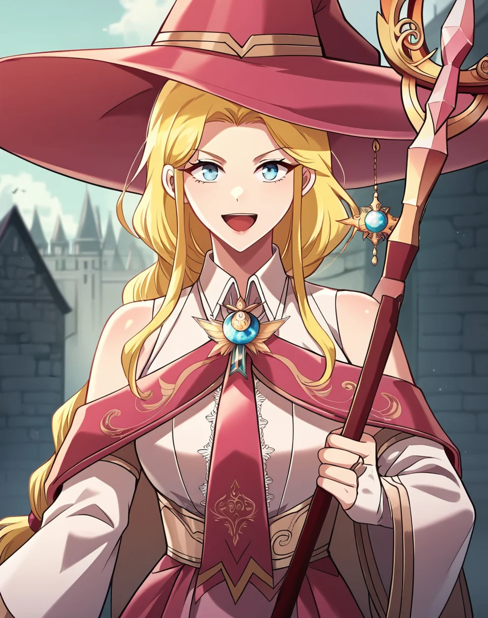 arua_stgb, blonde hair, long hair, blue eyes, braid, braided ponytail, hat, witch outfit, pink witch hat, brooch, pink necktie, white shirt, collared shirt, sleeveless shirt,  detached sleeves, long sleeves, wide sleeves, bridal gauntlets, low-high skit, manhwa BREAK outdoors, medieval city BREAK looking at viewer, sexy face, sexy smile, open mouth, cowboy shot BREAK score_9, score_8_up, score_7_up, source_anime ,zPDXL, perfect hand, <lora:Arua_STGB-000021:0.8>, mage staff, holding mage staff, dynamic pose,