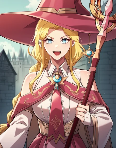 arua_stgb, blonde hair, long hair, blue eyes, braid, braided ponytail, hat, witch outfit, pink witch hat, brooch, pink necktie, white shirt, collared shirt, sleeveless shirt, detached sleeves, long sleeves, wide sleeves, bridal gauntlets, low-high skit, manhwa BREAK outdoors, medieval city BREAK looking at viewer, sexy face, sexy smile, open mouth, cowboy shot BREAK score_9, score_8_up, score_7_up, source_anime ,zPDXL, perfect hand, <lora:Arua_STGB-000021:0.8>, mage staff, holding mage staff, dynamic pose,