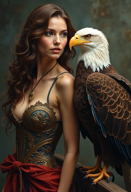 A bald eagle sitting on the arm of a beautiful, confident woman. The eagle looks into the woman's eyes. detailed,