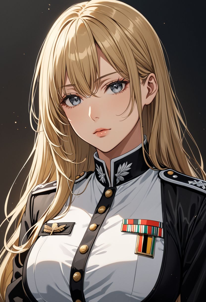 (anime, masterpiece, intricate:1.3), (best quality, hires textures, high detail:1.2), (4k),(incredibly detailed:1.4), perfect anatomy, correct sense of scale, side lighting, feminine body, shiny skin ,blond hair , long hair, grey eyes, disheveled hair, graceful face, slim, big breasts, constricted waist, nice body, lips, Sexy mouth, high pointed nose, (nostrils:1.3), neatly drawn nose, adult, 1woman, beautiful fingers, beautiful, Beautiful clear skin, whole body, slim body, black German officer's uniform, military uniform, menacing look, whip in hand, black leather coat, detailed face