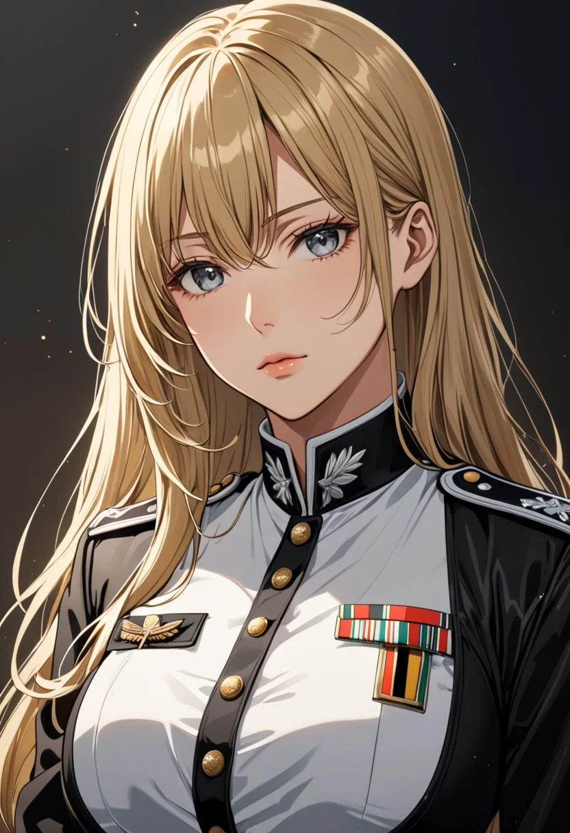 (anime, masterpiece, intricate:1.3), (best quality, hires textures, high detail:1.2), (4k),(incredibly detailed:1.4), perfect anatomy, correct sense of scale, side lighting, feminine body, shiny skin ,blond hair , long hair, grey eyes, disheveled hair, graceful face, slim, big breasts, constricted waist, nice body, lips, Sexy mouth, high pointed nose, (nostrils:1.3), neatly drawn nose, adult, 1woman, beautiful fingers, beautiful, Beautiful clear skin, whole body, slim body, black German officer's uniform, military uniform, menacing look, whip in hand, black leather coat, detailed face