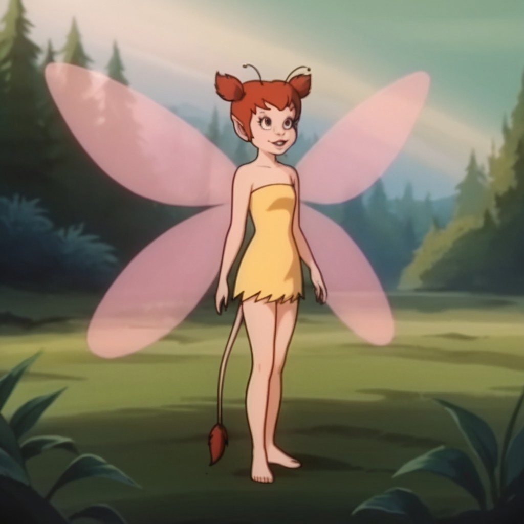 score_9, score_8_up, score_7_up, score_6_up, score_5_up, score_4_up, source_cartoon, lucytl, Kemonomimi, female, red hair, mouse tail, tail tuft, buck teeth, mouse ears, short twintails, fairy costume, antennae, fairy, bare shoulders, yellow dress, strapless, wings, barefoot, standing, enchanted forest