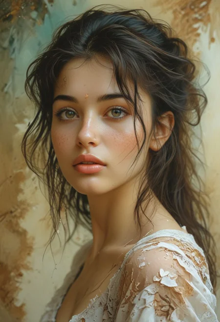 OverallDetail, Awe-inspiring painting, epic scene, dust centred, approaching perfection, concept art, Mid shot, mid body, lean, long, over the shoulder of a beautiful young indian Lady with wild black hair, (Her delicate features, adorned with a warm glow of health and happiness, are highlighted by the intricate details of her makeup. The contours of her high cheekbones and the perfect arch of her eyebrows are emphasized by expert application of kohl, drawing attention to her striking facial features.), plain background, Dramatic light, Cinematic, Masterpiece