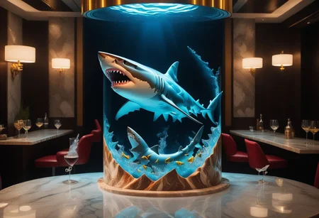 create an image of a shark in an underwater dance club smoking a cigar in the vip lounge. On his table ar cocktails filled with liquid marble. The marble behaves like boiling water.