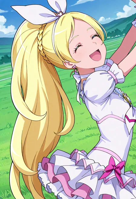 masterpiece, best quality, absurdres, very aesthetic, general,
cure rhythm, blonde hair, closed eyes, earrings, white choker, open mouth, ponytail, smile, grass, hair ribbon, wrist cuffs, 1girl, cloud, eyelashes, happy, from side, day, braid, pink bow, white dress, solo, :d, very long hair, arms up, hair bow, ^ ^, outdoors, own hands together, white hairband, white bow, blue sky, brooch, outstretched arms, white skirt, detached sleeves, white ribbon, hair ornament, field, upper body, standing, anime coloring, frilled sleeves, ^o^, puffy short sleeves
<lora:cure_rhythm_minamino_kanade_illustXL_locon_v1:0.7>