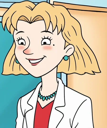 solo, 1girl, hhs1, blush, blonde hair, short hair, smile, lab coat, mole under right eye, mole, jewellery, earrings, young, <lora:hhs1-000009:1.2>, <lora:rits4:0.6>,