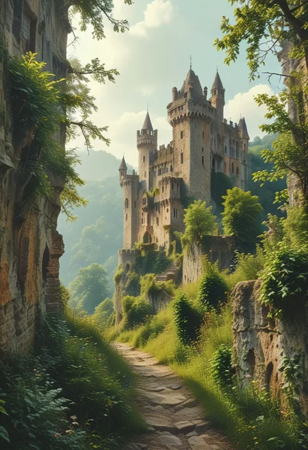 A photograph of an ancient, abandoned castle nestled in the heart of forested hills. The walls and towers of the building have withered away from age, yet its grandeur is still breathtaking. A narrow path leads up to it, lined by lush greenery that envelops every corner. This scene captures magic and mystery, inviting viewers into a world where fantasy meets reality. The photograph is in the style of a Romantic painter, focusing on conveying a sense of wonder through its imagery of an old castle surrounded by nature.