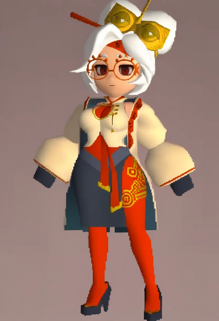 masterpiece, best quality, solo, 1girl, looking at viewer,  <lora:FF7-Chibi-illus_Fp:1>, full body, simple background, 3d, chibi, <lora:purah-illu-nvwls-v1:1>, pur4h, white hair, red eyes, hair bun, hair ornament, red headband, red glasses, sleeveless shirt, beige shirt, beige jacket, red trim, open jacket, black skirt, red leggings, gloves, high heels,