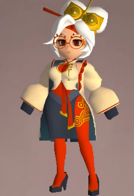 masterpiece, best quality, solo, 1girl, looking at viewer, <lora:FF7-Chibi-illus_Fp:1>, full body, simple background, 3d, chibi, <lora:purah-illu-nvwls-v1:1>, pur4h, white hair, red eyes, hair bun, hair ornament, red headband, red glasses, sleeveless shirt, beige shirt, beige jacket, red trim, open jacket, black skirt, red leggings, gloves, high heels,