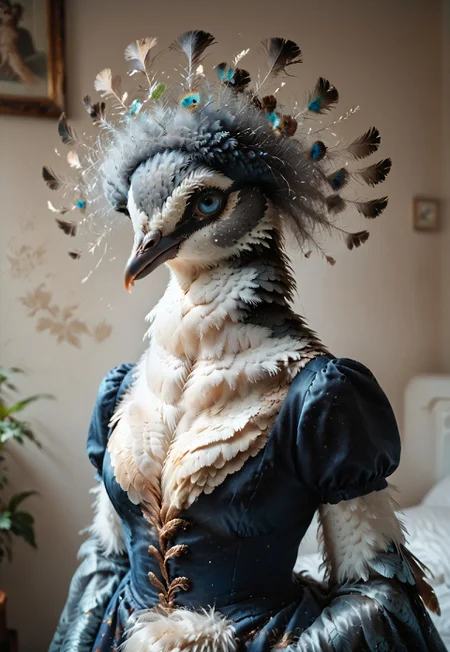score_9, score_8_up, score_7_up, score_6_up, photorealistic, realism, female, ((((anthro)))), victoria_pigeon, 1girl, furry, feathers, ragged clothing, score_9, score_8_up, score_7_up, score_6_up, BREAK 1girl, anthro, female, posing, wings