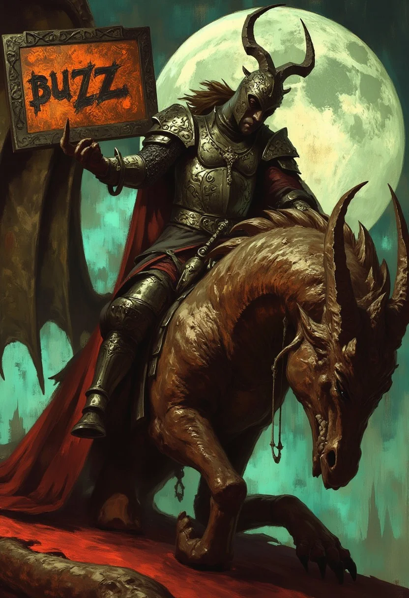 score_9, score_8_up, score_7_up, a gothic knight slaying a dragon, a metal sign that says "BUZZ"