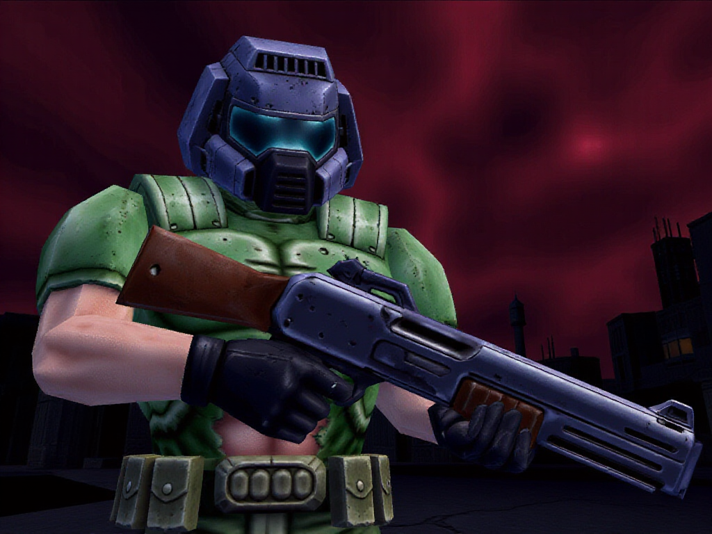 ps1 screenshot, lowpoly, posterization, closeup of doomguy holding a futuristic shotgun, night scene in dark city ruins with a red, bloody, cloudy sky