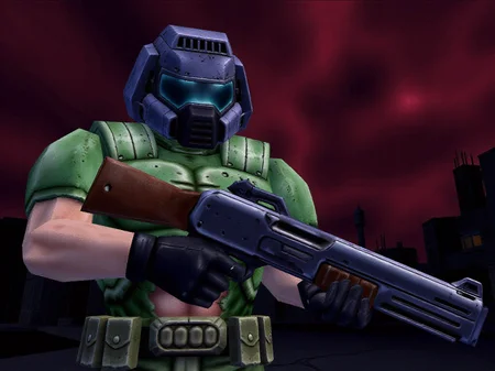 ps1 screenshot, lowpoly, posterization, closeup of doomguy holding a futuristic shotgun, night scene in dark city ruins with a red, bloody, cloudy sky