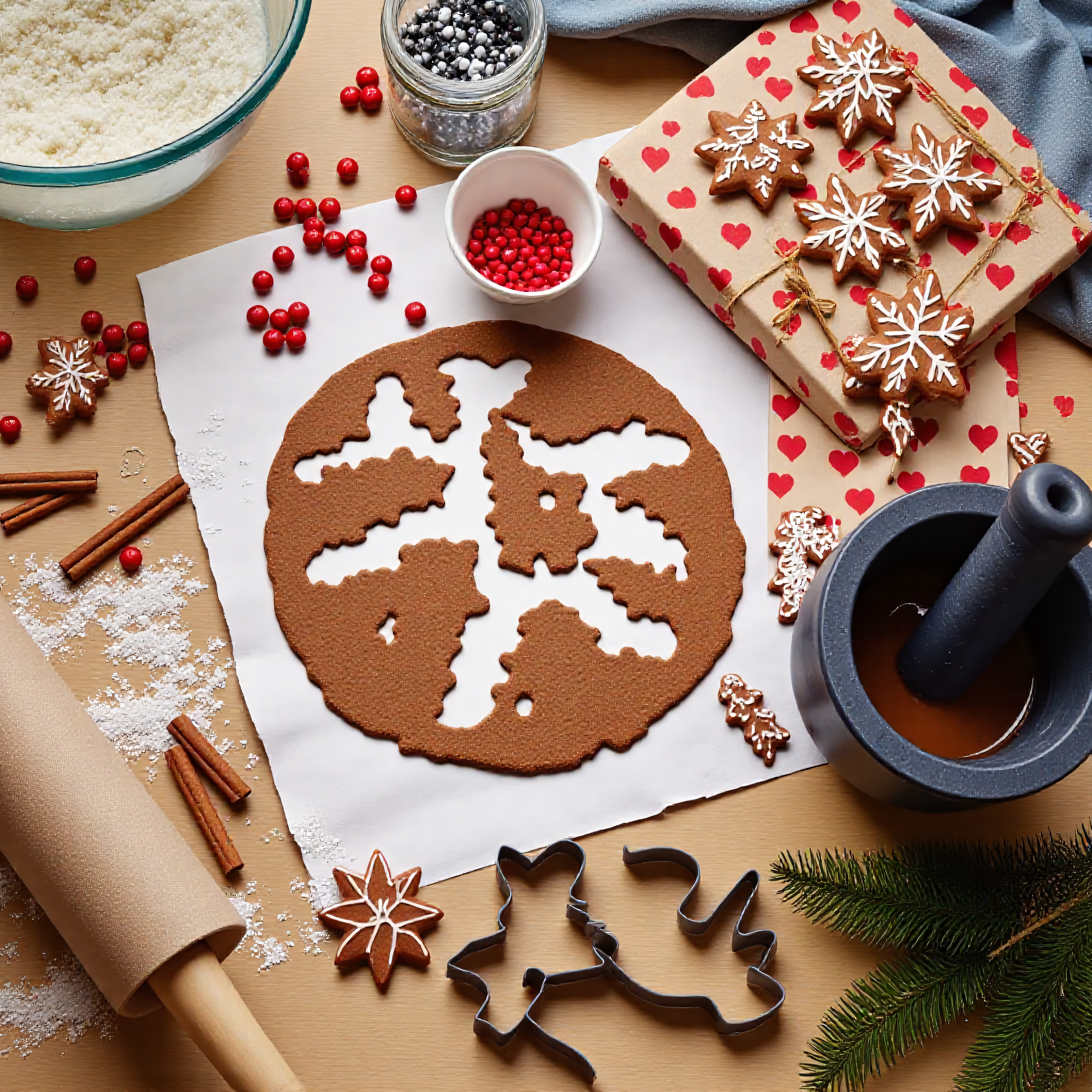 A high angle, slightly messy, hyperrealistic view of a Christmas cookie-making scene. Wooden table surface with a large sheet of parchment paper adorned with a circle of rolled-out gingerbread dough, various cookie cutters creating shapes like Christmas trees, hearts, bears, and snowmen,  still visible in the dough. A wooden rolling pin and small bowls of red sprinkles/decorations rest beside the dough. Several baked gingerbread cookies, decorated and undecorated, are on the paper beneath and surrounding. A large dark gray mortar and pestle is partially visible. Small bundles of cinnamon sticks, small sprigs of evergreen, wrapped presents with a red heart pattern and tied with a red string, contribute to the festive and cozy atmosphere. Various shades of brown for the dough and cookies, with touches of red and silvery sprinkles,  along with beige and gray tones from the parchment paper and presents, complement a neutral wooden table surface.  Warm and comforting, impressionist lighting.  Focus on the details of the dough and cookies, while keeping slight blur in the background.
