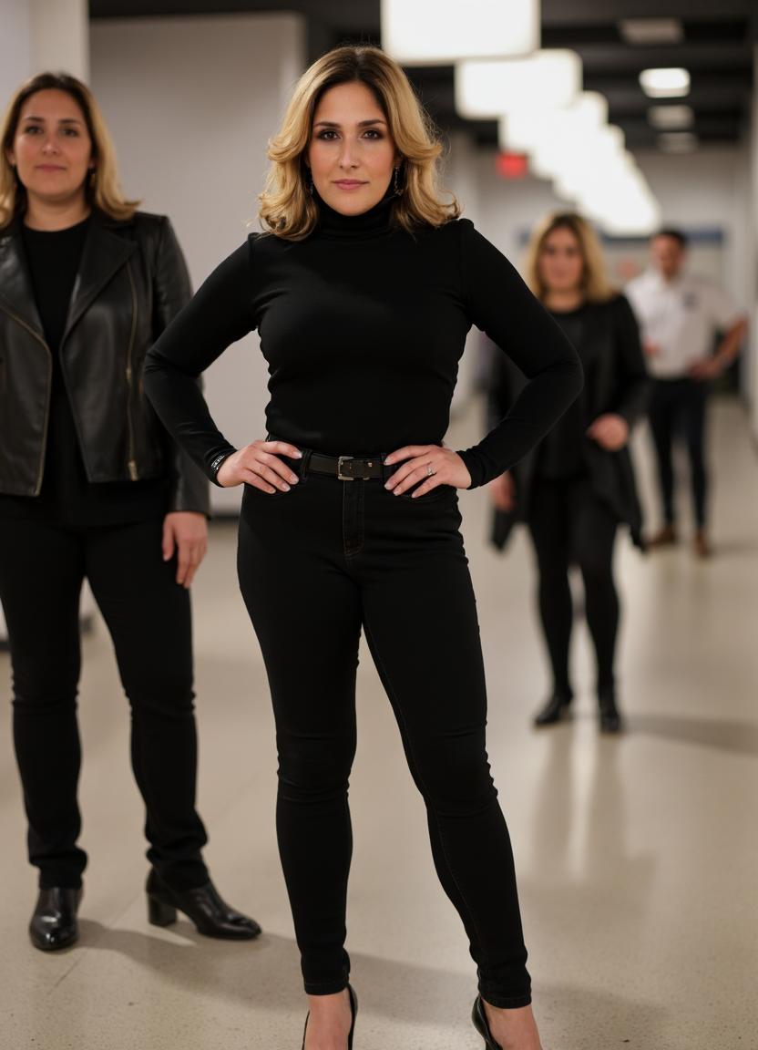 SFW, brightly lit, The image shows a woman standing in a hallway with her hands on her hips. She is wearing a black turtleneck top, black leggings, and black high heels. Her hair is styled in loose waves and she is looking directly at the camera with a serious expression. The background is blurred, but it appears to be an indoor space with other people walking around. The overall mood of the image is sophisticated and edgy., aidmaimageupgrader<lora:flux\custom\celebrity\rikki-lake.safetensors:1.05:1.05> <lora:flux\turbo-8-step-flux.safetensors:0.5:0.5> <lora:flux\style\Common\aidmaImageUprader-FLUX-v0.3.safetensors:0.25:0.25>