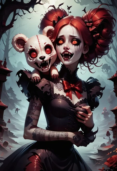 score_9, score_8_up, score_7_up, Dark Beauty, duo, red-haired girl, vampire fangs, black lace gloves, torn black dress, dark eye makeup, giant stitched bear, creepy teddy bear mask, glowing red eye, claws, tight embrace, bats flying, night forest, bare trees, red bow in hair, tattoo on arm, surreal horror, gothic fantasy, emotional intensity, breast grab, highly detailed, intricate, zzCitronCAT, enchanted grotto