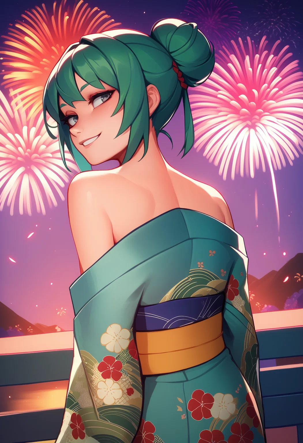 score_7_up, score_6_up, from behind, solo, 1girl, smile, looking back, green hair, single hair bun, bangs, grey eyes, japanese clothes, kimono, floral print, off shoulder, bare shoulders, fireworks
<segment:yolo-face_yolov8m.pt,0.4,0.5//cid=1>