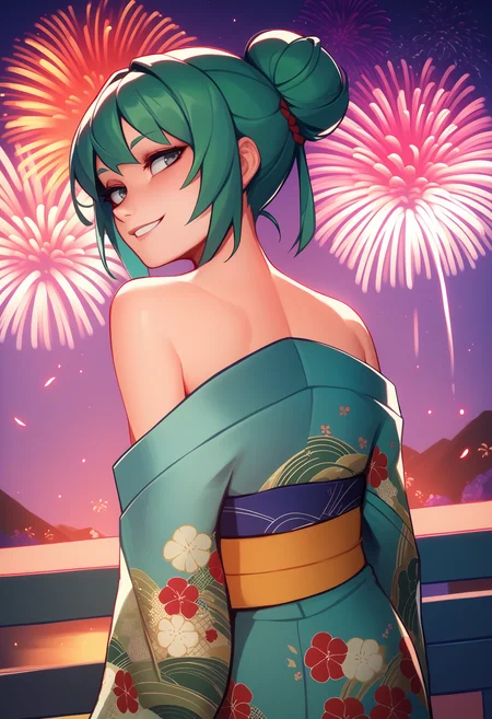 score_7_up, score_6_up, from behind, solo, 1girl, smile, looking back, green hair, single hair bun, bangs, grey eyes, japanese clothes, kimono, floral print, off shoulder, bare shoulders, fireworks
<segment:yolo-face_yolov8m.pt,0.4,0.5//cid=1>