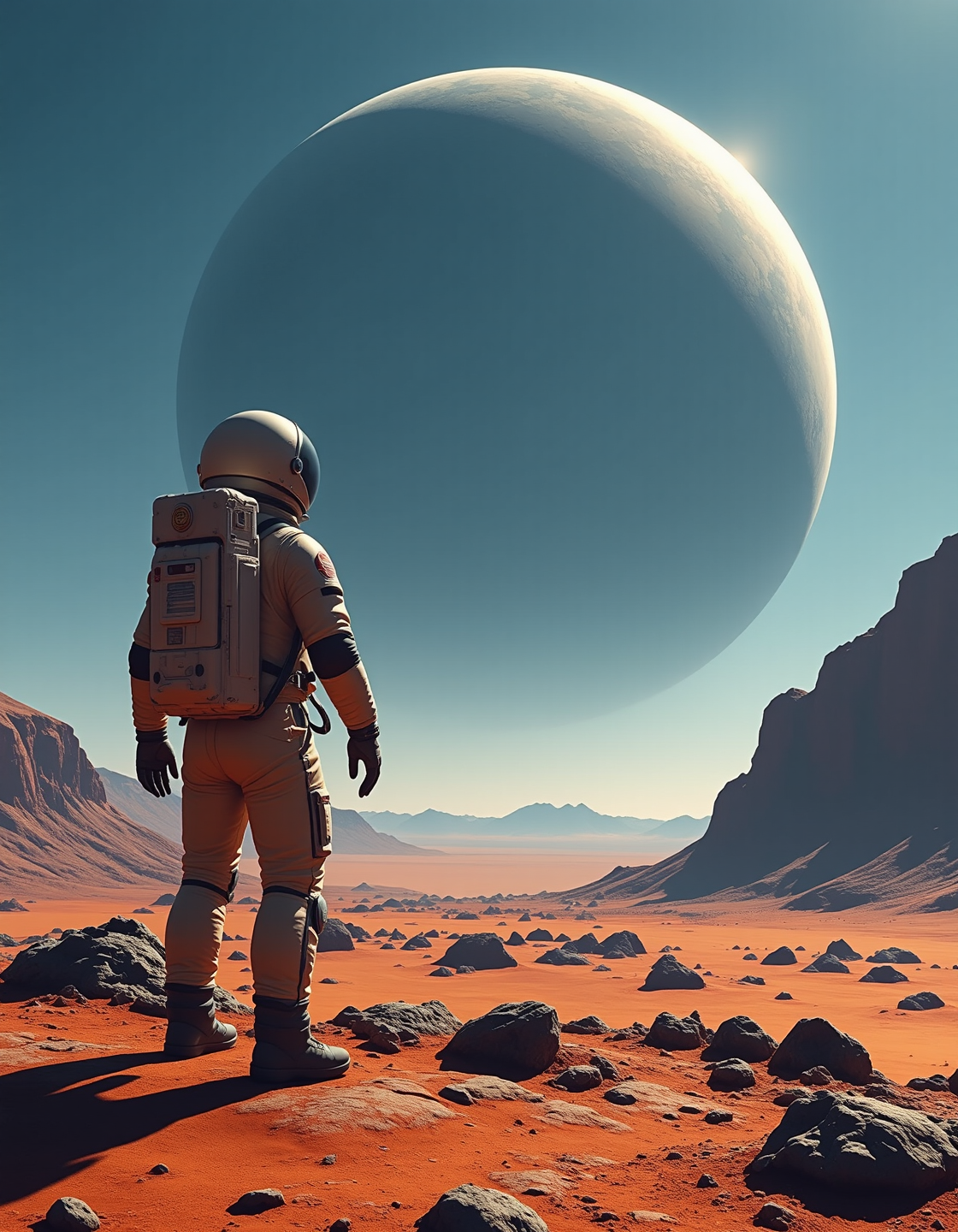 Imagine an image of an astronaut standing on the surface of an alien planet, staring at a massive gas giant looming in the sky.