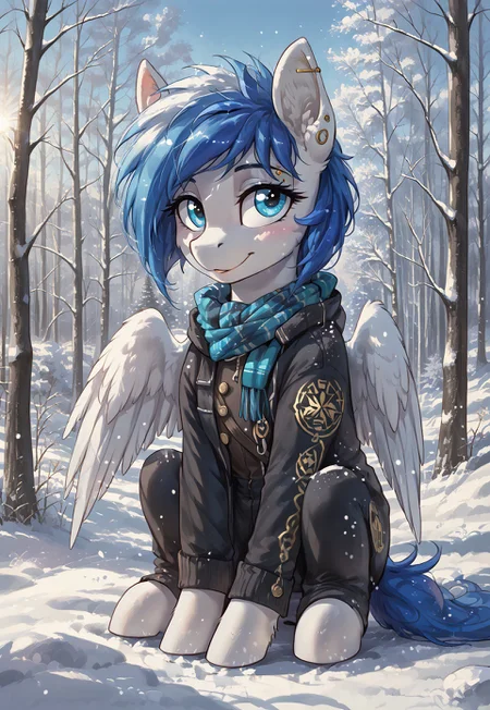 masterpiece, score_9_up, score_8_up, score_7_up, score_6_up, (best quality:1.1), ultra-detailed, high resolution, solo, highly detailed macro illustration BREAK mlp, feral, pegasus pony, sapphire, pony, blue hair, (Beautiful cyan eyes), hooves, white body, tail, pony ears, piercings, (cute expression, cute face:1.2) BREAK wearing a black winter coat, scarf, sitting, snowy forest, snowflakes falling gently, frosty trees around, snow, outdoors, winter, tranquil atmosphere, snow-covered ground, warm sunlight. detailed background BREAK sharp focus, perfect lighting, anatomically correct, extremely detailed, tranquil setting, high detail, serene, Expressiveh, detailed background, OverallDetail, zPDXL3