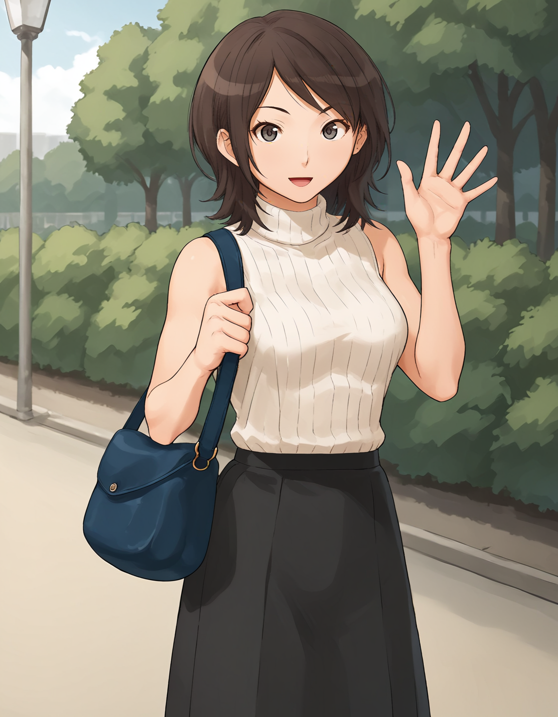 score_9, score_8_up, score_7_up, score_6_up, score_5_up, score_4_up, <lora:MayaT_T2V0:0.80>, <lora:sdxl_lightning_8step_lora:1>,
source_anime, 1girl, solo,
MayaT_T2V0, brown hair, medium hair, swept bangs, grey eyes, medium breasts,
white sweater, turtleneck sweater, sleeveless, 
black skirt, frilled skirt, miniskirt, 
shoulder bag, blue bag, holding bag, 
standing, hands up, clenched hand, waving, 
looking at viewer, light smile, open mouth, :d, 
outdoors, park, tree, bush,