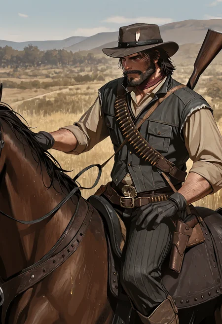 1boy, rdr1j0hnmarston, mature male, unkempt medium dark brown hair, dark grey eyes, scruffy beard, facial scar on right cheek,
dark grey cowboy hat with feather, dark grey sleeveless denim vest, beige shirt, black gloves, dark pinstriped trousers, brown boots, belt with golden buckle, gun holster belt, bullet loop bandolier, shoulder satchel with rope, rifle on back, red scarf,
riding horse, action shot, slightly top angle, side view,
masterpiece, best quality, absurdres, newest, perfect quality, detailed background, intricate details,