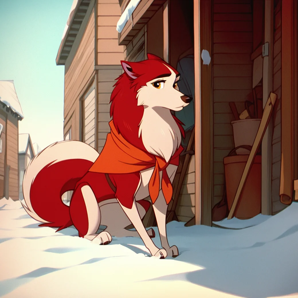 score_9, score_8_up, score_7_up, score_6_up, score_5_up, score_4_up, BREAK, 1girl, jenna\(balto\), two tone fur, red fur, canine, no humans, solo, amber eyes, neckerchief, animal, outside, snow, <lora:Jennabalto:1>, sitting, looking at viewer,