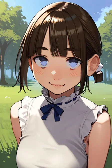 score_9, score_8_up, score_7_up, 1girl, cheeky smile, brown hair, blunt_bangs, okappa, light_blue eyes, medium breasts, neck ruff, Outdoors, sunbeam <lora:yomu_(sgt_epper)_PonyXL_style_v01:1>