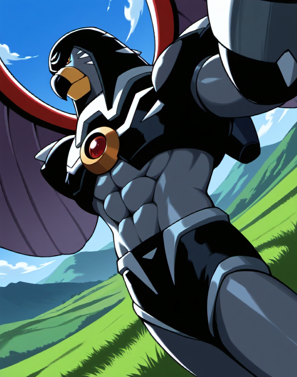 <lora:Flame_Falcon_(Mega_Man_X)_(Illustrious)_(AD):1.5> Flame Falcon, reploid, MMX, 
exterior, blue sky with clouds, mountain valley, grassy valley,
dutch angle, dynamic action, cowboy shot,
male focus, intense shadows, dynamic shadows, intricate details, attention to details, gradient coloring, robot, bright vivid colors, deep metallic colors, glossy metal body, wings, beak, abs, hyper muscular, evil villain, evil smirk, 
BREAK very awa, masterpiece, best quality, amazing quality, very aesthetic, highres, absurdres,
EZRealPONYXL, zPDXL, Smooth Quality, lazynsfw,