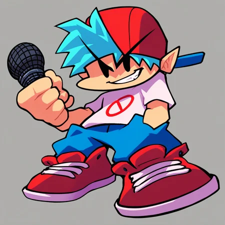 <lora:BoyfriendFNFv1.0:0.8> (zPDXL2), score_9, score_8_up, score_7_up, source_cartoon, bf_fnf, 1boy, solo, human, tan skin, backwards baseball cap, short hair, aqua hair, pointy ears, white shirt, no symbol, short sleeves, holding microphone, 4 fingers, hand in pocket, blue pants, red sneakers, shoelaces BREAK full body, chibi, v-shaped eyebrows, solid oval eyes, smile, teeth BREAK cel shaded