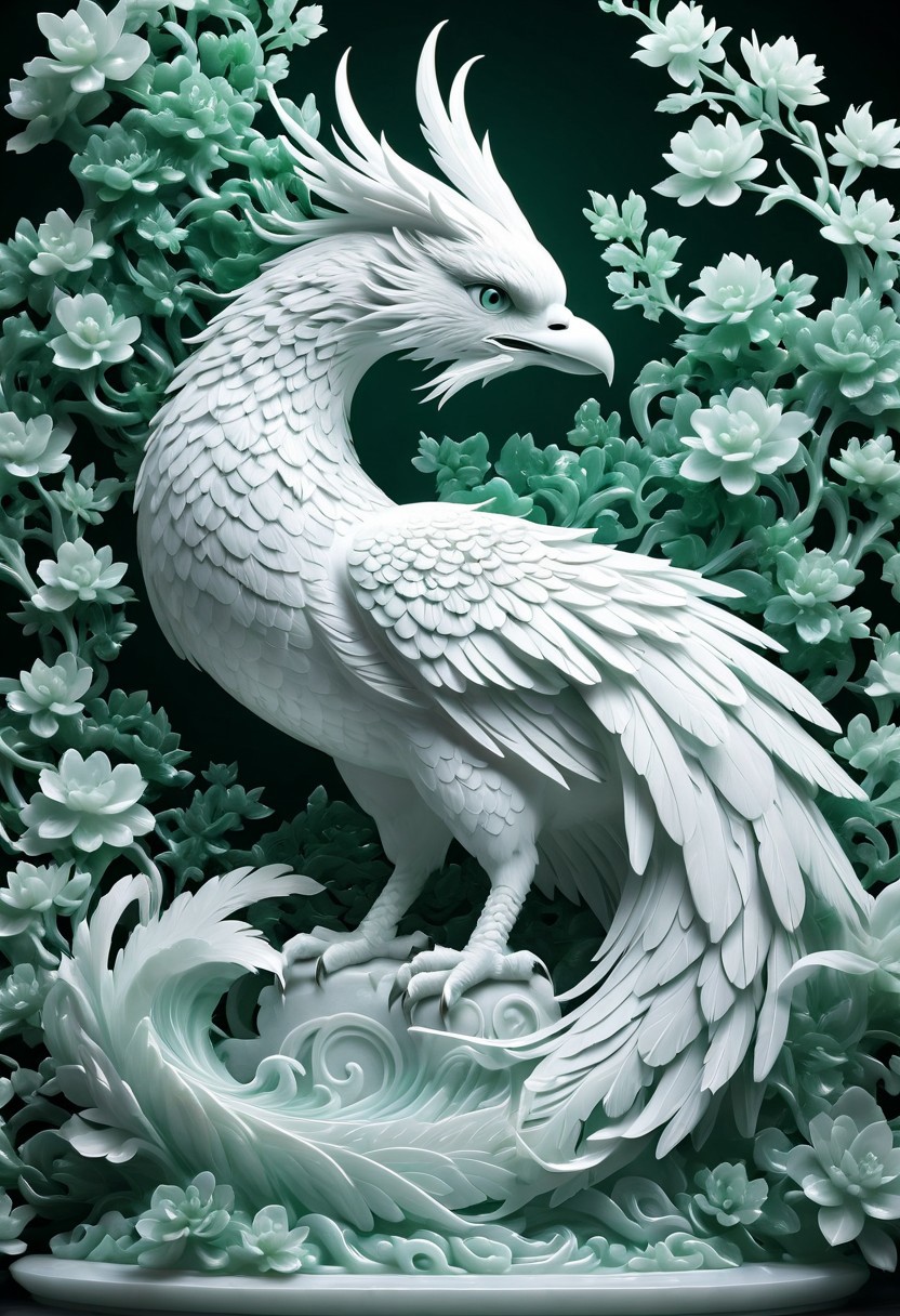 Midjourney, realism, cinematic quality, cartoon style, Midjourney style, jade Sculpture, jade, realistic, Phoenix, floral background, pure white skin, cinematic light, tai chi,