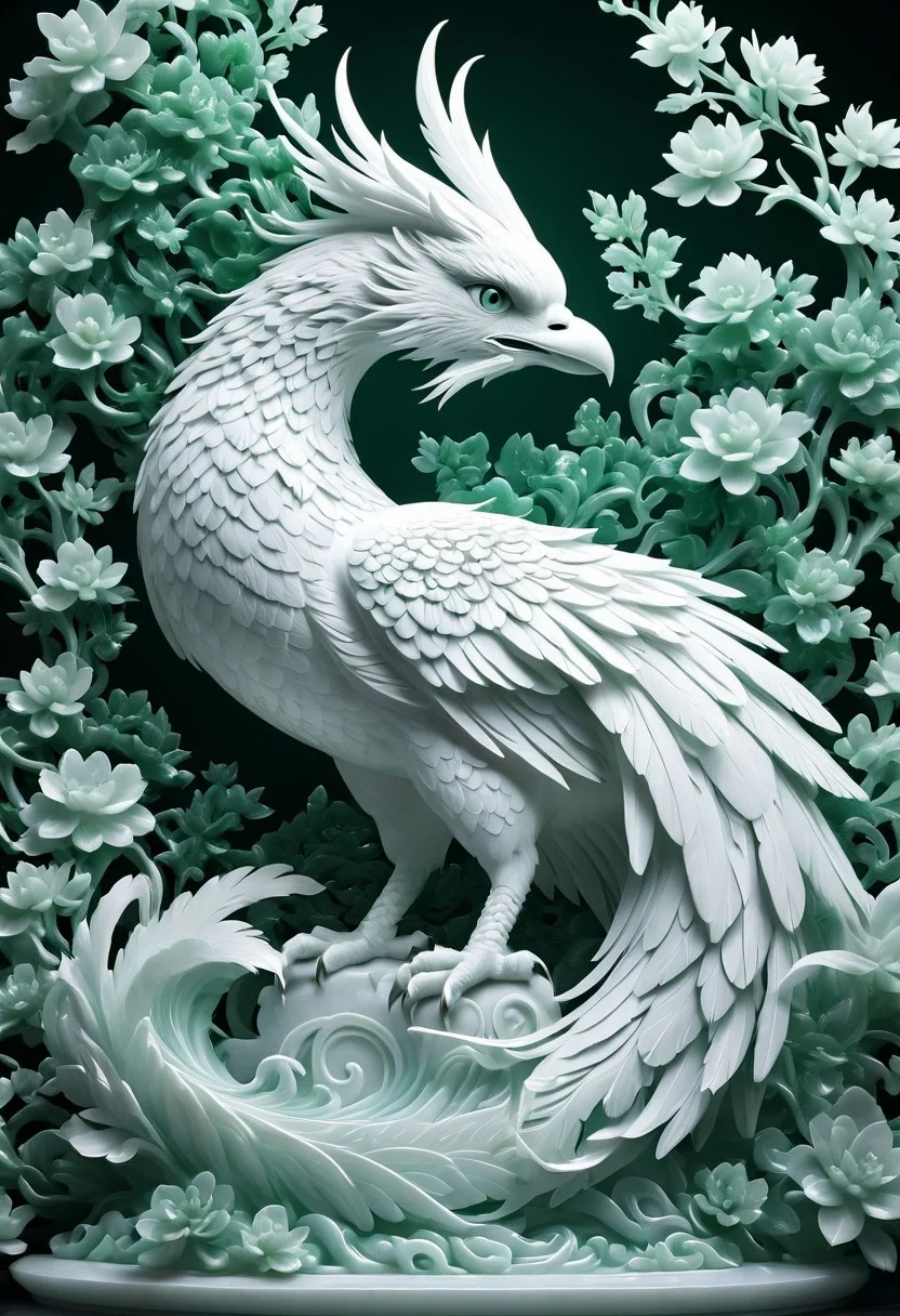 Midjourney, realism, cinematic quality, cartoon style, Midjourney style, jade Sculpture, jade, realistic, Phoenix, floral background, pure white skin, cinematic light, tai chi,