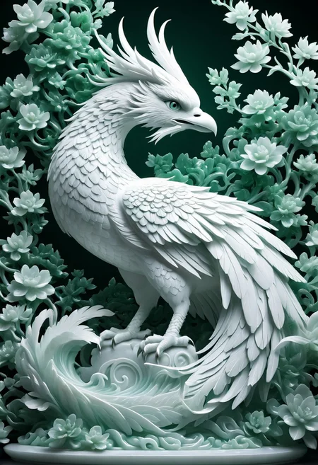 Midjourney, realism, cinematic quality, cartoon style, Midjourney style, jade Sculpture, jade, realistic, Phoenix, floral background, pure white skin, cinematic light, tai chi,