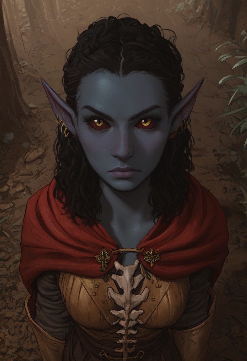 solo, short pointy ears, piercings, nord woman, random elf face, aquiline features, dark elf, weathered skin, large nose, animated realism, Syrian features, torso, subterranean, glowing mushrooms, mushroom forest, cave enviroment, large cavern, gloomy lighting, ancient ruins, interior, dark soil floor ,grey-blue skin, scarlet and gold clothes, medium armor, bone plate armor, ivory straps and fittings, grey wood neckguard, dark red sclera, black pupils, distant mushroom forest, blue-green light, neon, highly detailed, defined features, looking at viewer, three quarters view, from above, dynamic lighting, 36 years old, light and shadows, patterned cloth, determined expression, expressive eyes, detailed medieval clothes, medium_breasts, medium hair, wavy hair, thick hair, beaded hair, braided hair, under cut hair, semirealistic, alien elf, spanish features, jewish features, black hair, dark red hair, umber skin, sharp features, red persian print cloak, nighttime, high detail, absurdres, pretty eyes, detailed eyes, yellow eyes,